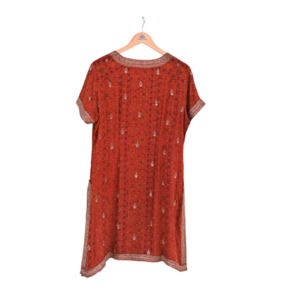 Indian Pre-Owned Rusty Red Pure Silk Hand Embroidered Ritu Kumar Designer 3 Piece Suit Set (Kurta + Dupatta + Salwar)