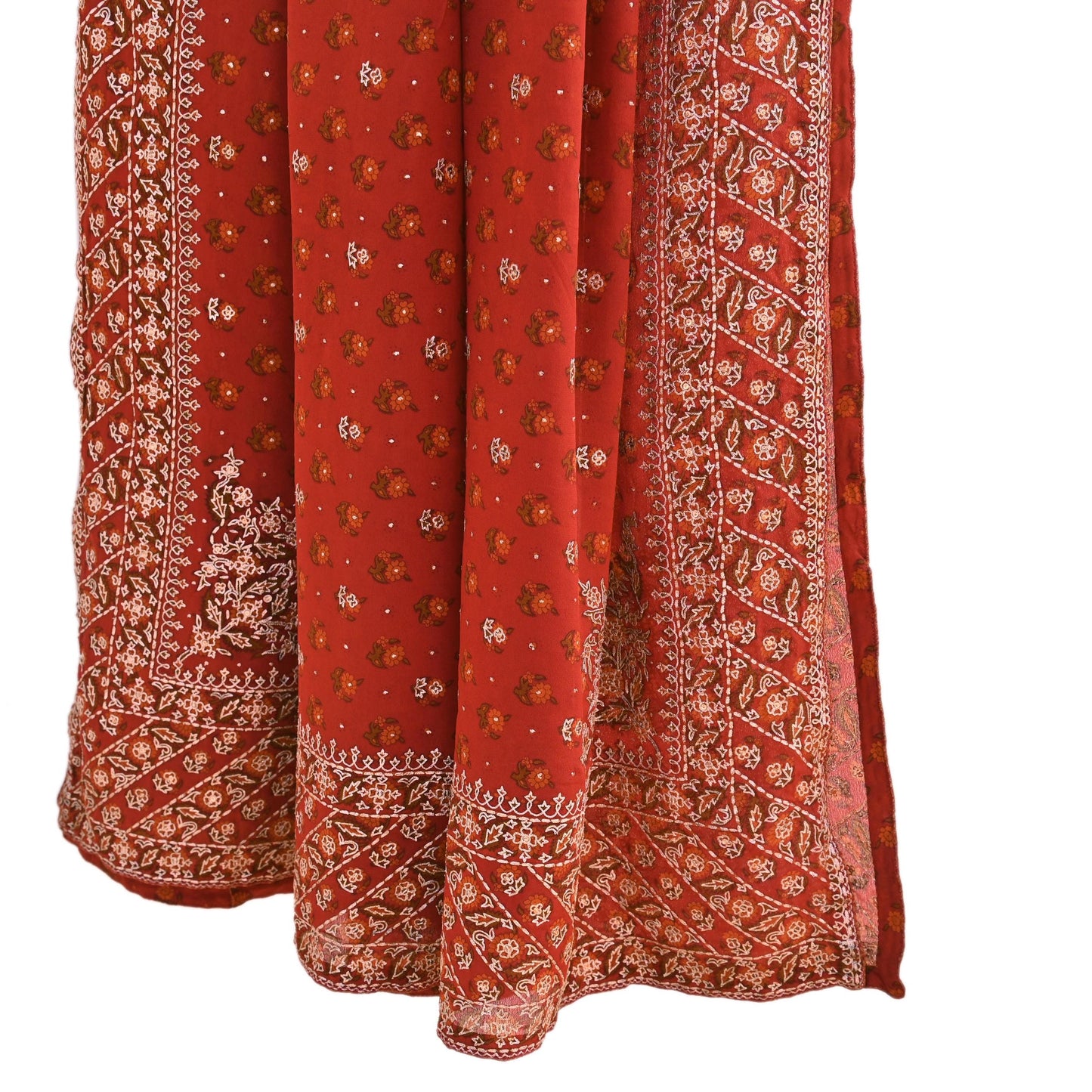 Indian Pre-Owned Rusty Red Pure Silk Hand Embroidered Ritu Kumar Designer 3 Piece Suit Set (Kurta + Dupatta + Salwar)