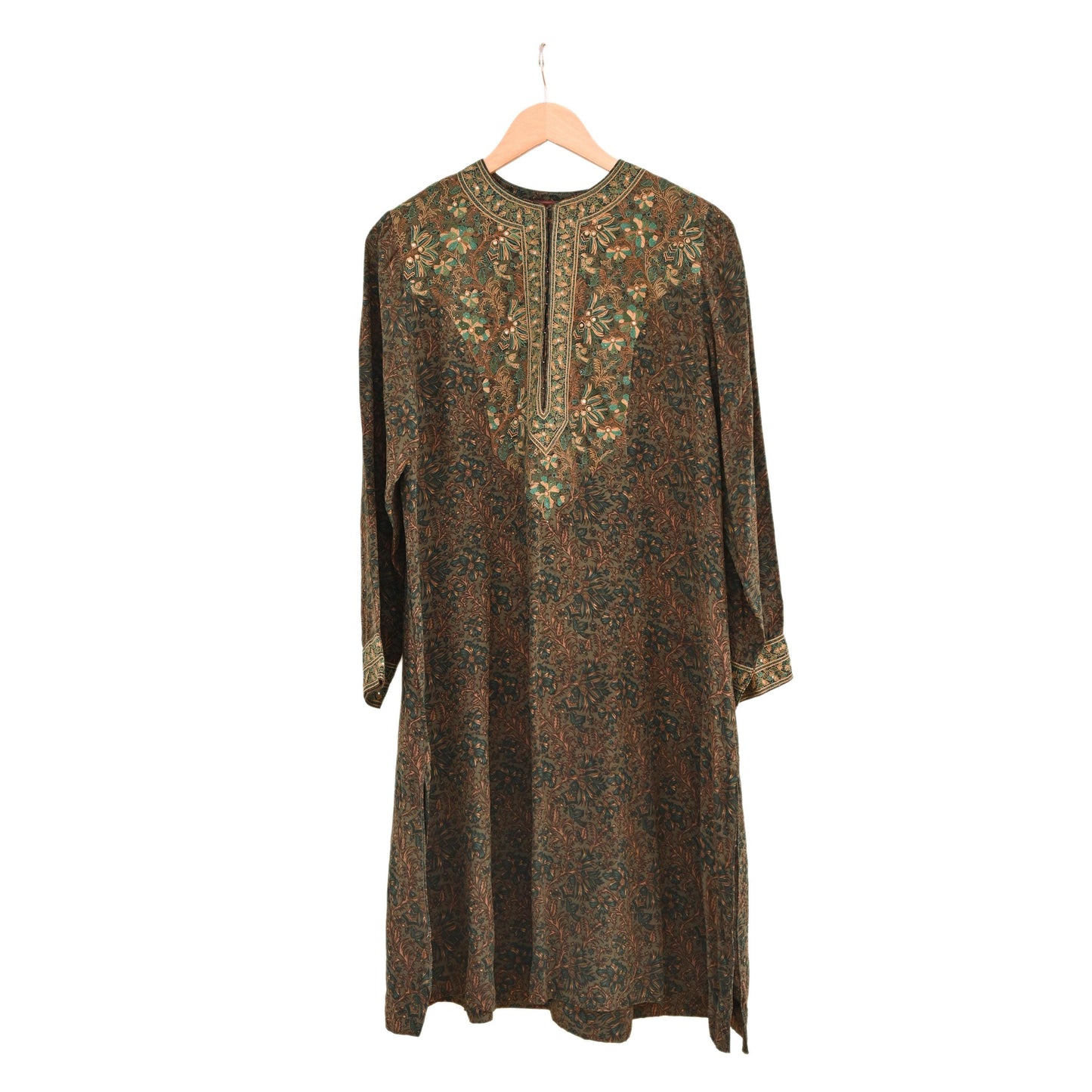 Indian Pre-Owned Green Pure Silk Hand Embroidered Printed Ritu Kumar Designer 3 Piece Suit Set (Kurta + Dupatta + Salwar)
