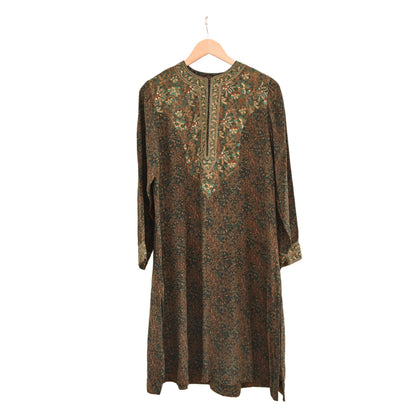 Indian Pre-Owned Green Pure Silk Hand Embroidered Printed Ritu Kumar Designer 3 Piece Suit Set (Kurta + Dupatta + Salwar)