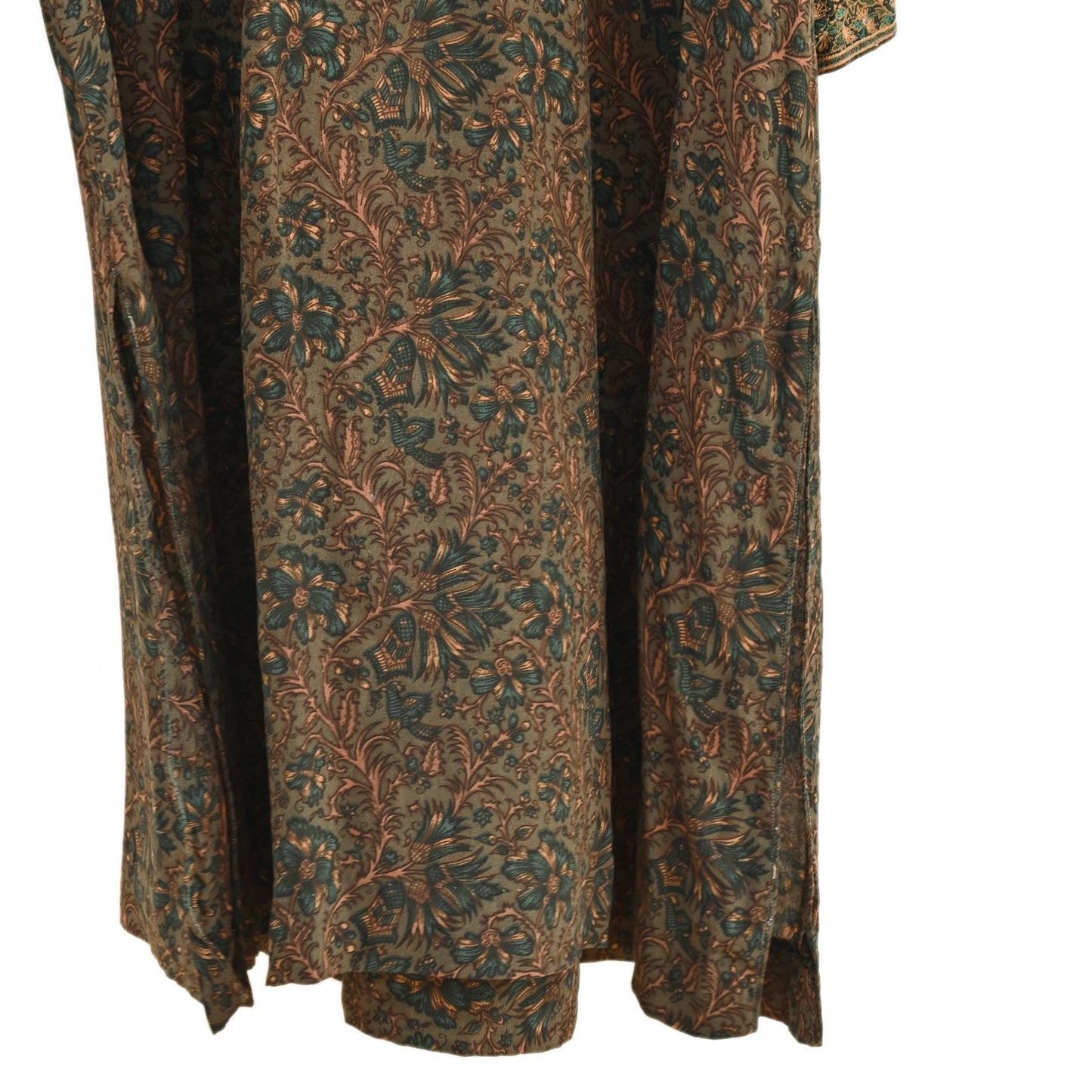 Indian Pre-Owned Green Pure Silk Hand Embroidered Printed Ritu Kumar Designer 3 Piece Suit Set (Kurta + Dupatta + Salwar)