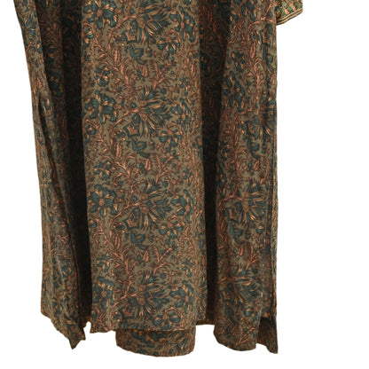Indian Pre-Owned Green Pure Silk Hand Embroidered Printed Ritu Kumar Designer 3 Piece Suit Set (Kurta + Dupatta + Salwar)