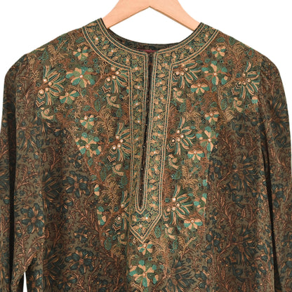 Indian Pre-Owned Green Pure Silk Hand Embroidered Printed Ritu Kumar Designer 3 Piece Suit Set (Kurta + Dupatta + Salwar)