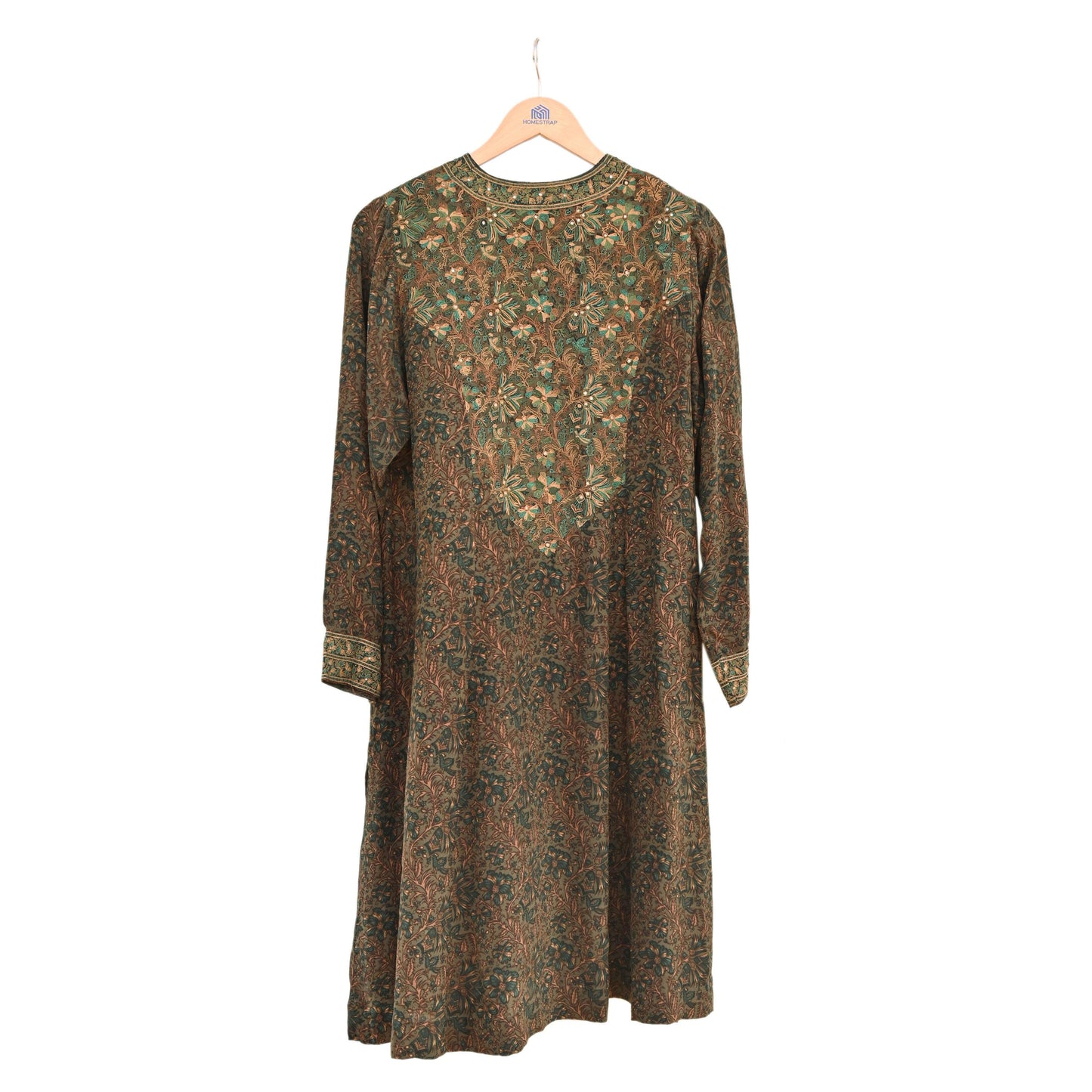 Indian Pre-Owned Green Pure Silk Hand Embroidered Printed Ritu Kumar Designer 3 Piece Suit Set (Kurta + Dupatta + Salwar)