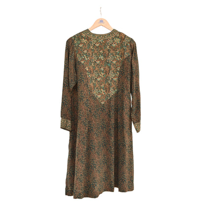 Indian Pre-Owned Green Pure Silk Hand Embroidered Printed Ritu Kumar Designer 3 Piece Suit Set (Kurta + Dupatta + Salwar)