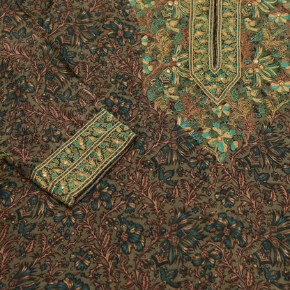 Indian Pre-Owned Green Pure Silk Hand Embroidered Printed Ritu Kumar Designer 3 Piece Suit Set (Kurta + Dupatta + Salwar)