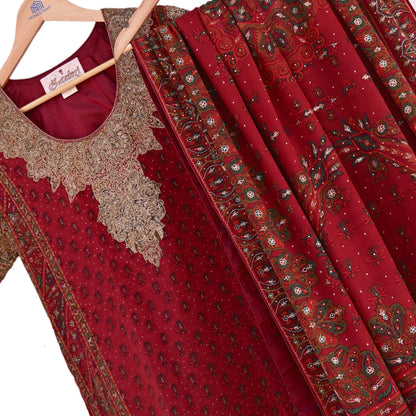 Indian Pre-Owned Red Pure Silk Hand Embroidered Ritu Kumar Designer 2 Piece Suit Set (Kurta + Dupatta)