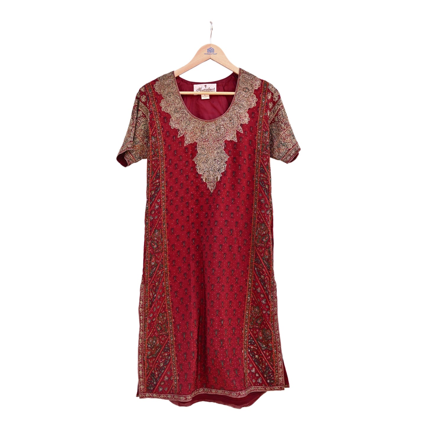 Indian Pre-Owned Red Pure Silk Hand Embroidered Ritu Kumar Designer 2 Piece Suit Set (Kurta + Dupatta)