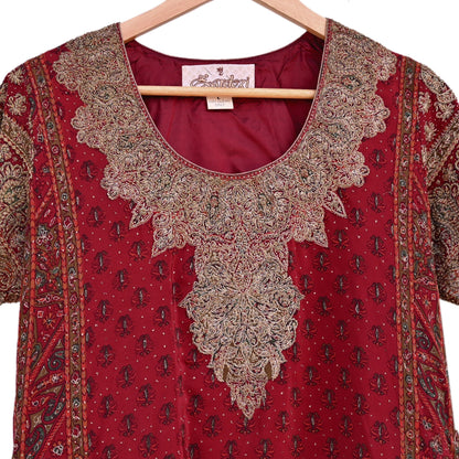 Indian Pre-Owned Red Pure Silk Hand Embroidered Ritu Kumar Designer 2 Piece Suit Set (Kurta + Dupatta)