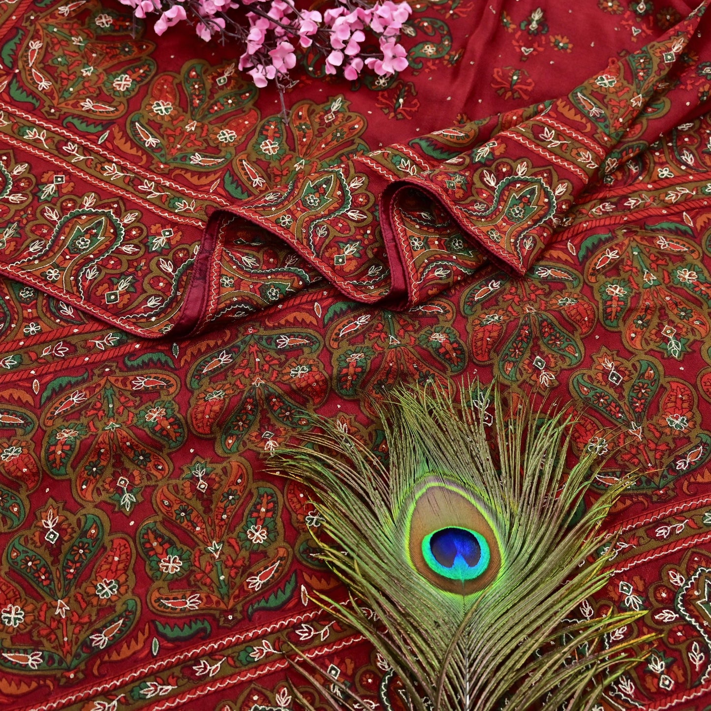 Indian Pre-Owned Red Pure Silk Hand Embroidered Ritu Kumar Designer 2 Piece Suit Set (Kurta + Dupatta)
