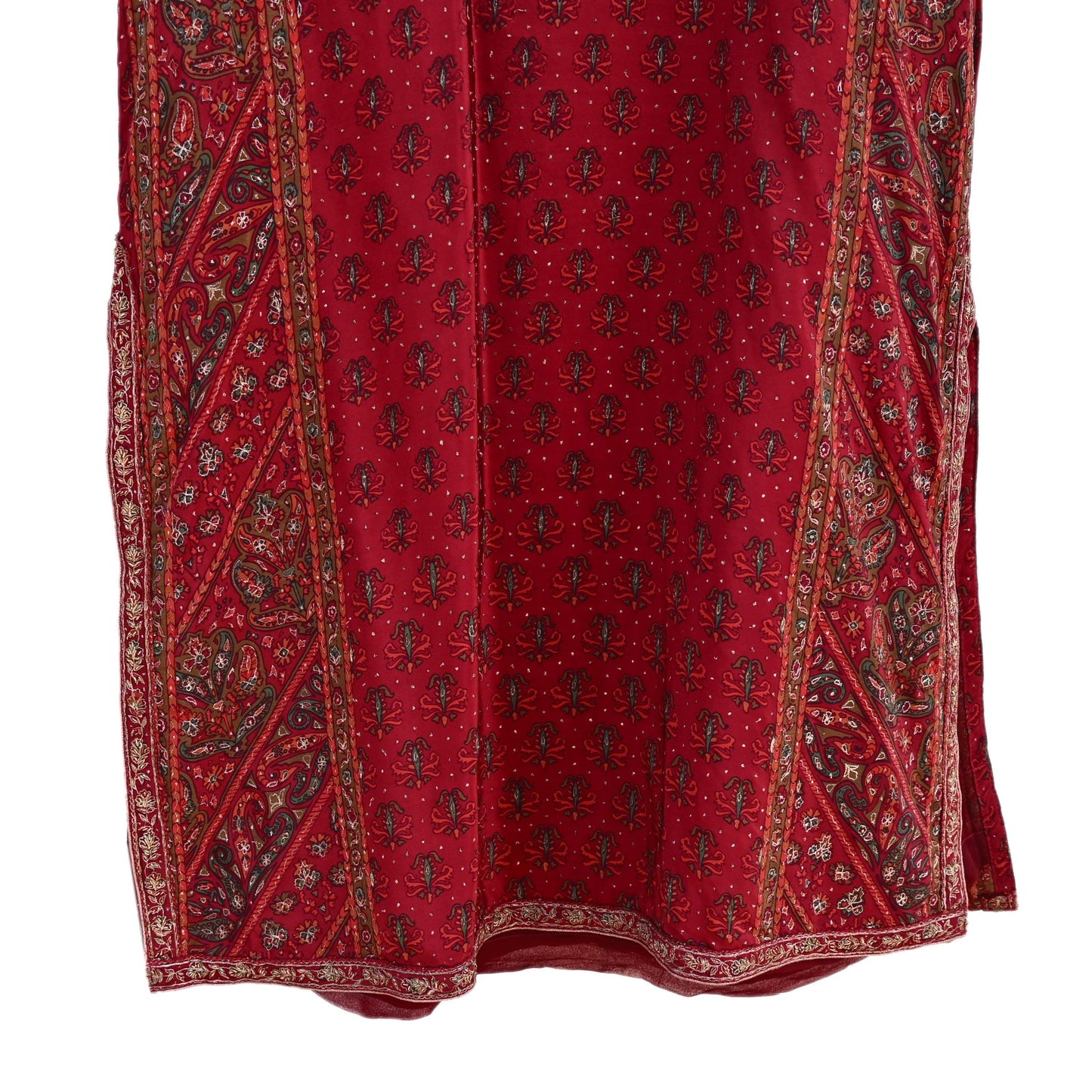 Indian Pre-Owned Red Pure Silk Hand Embroidered Ritu Kumar Designer 2 Piece Suit Set (Kurta + Dupatta)