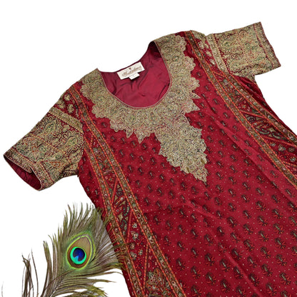 Indian Pre-Owned Red Pure Silk Hand Embroidered Ritu Kumar Designer 2 Piece Suit Set (Kurta + Dupatta)