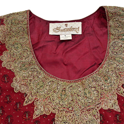 Indian Pre-Owned Red Pure Silk Hand Embroidered Ritu Kumar Designer 2 Piece Suit Set (Kurta + Dupatta)
