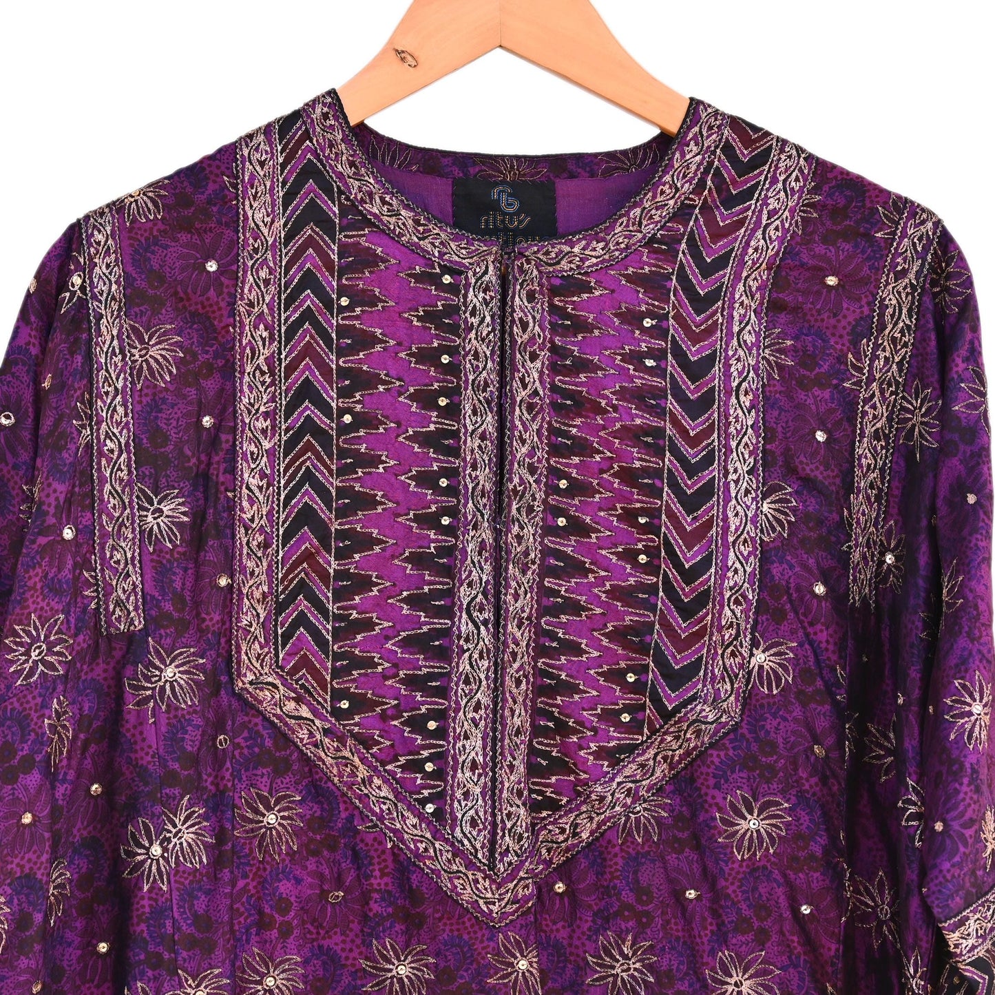 Indian Vintage Ritu Kumar Purple Pure Silk Long Kurta Hand Embroidered Designer Ethnic Festive Party Wear Tunic