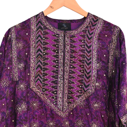 Indian Vintage Ritu Kumar Purple Pure Silk Long Kurta Hand Embroidered Designer Ethnic Festive Party Wear Tunic
