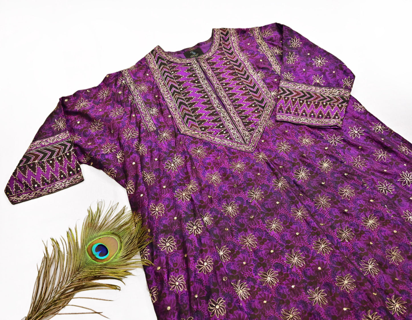 Indian Vintage Ritu Kumar Purple Pure Silk Long Kurta Hand Embroidered Designer Ethnic Festive Party Wear Tunic