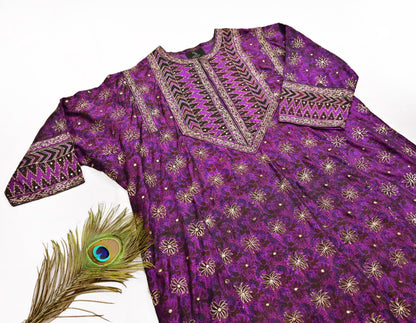 Indian Vintage Ritu Kumar Purple Pure Silk Long Kurta Hand Embroidered Designer Ethnic Festive Party Wear Tunic