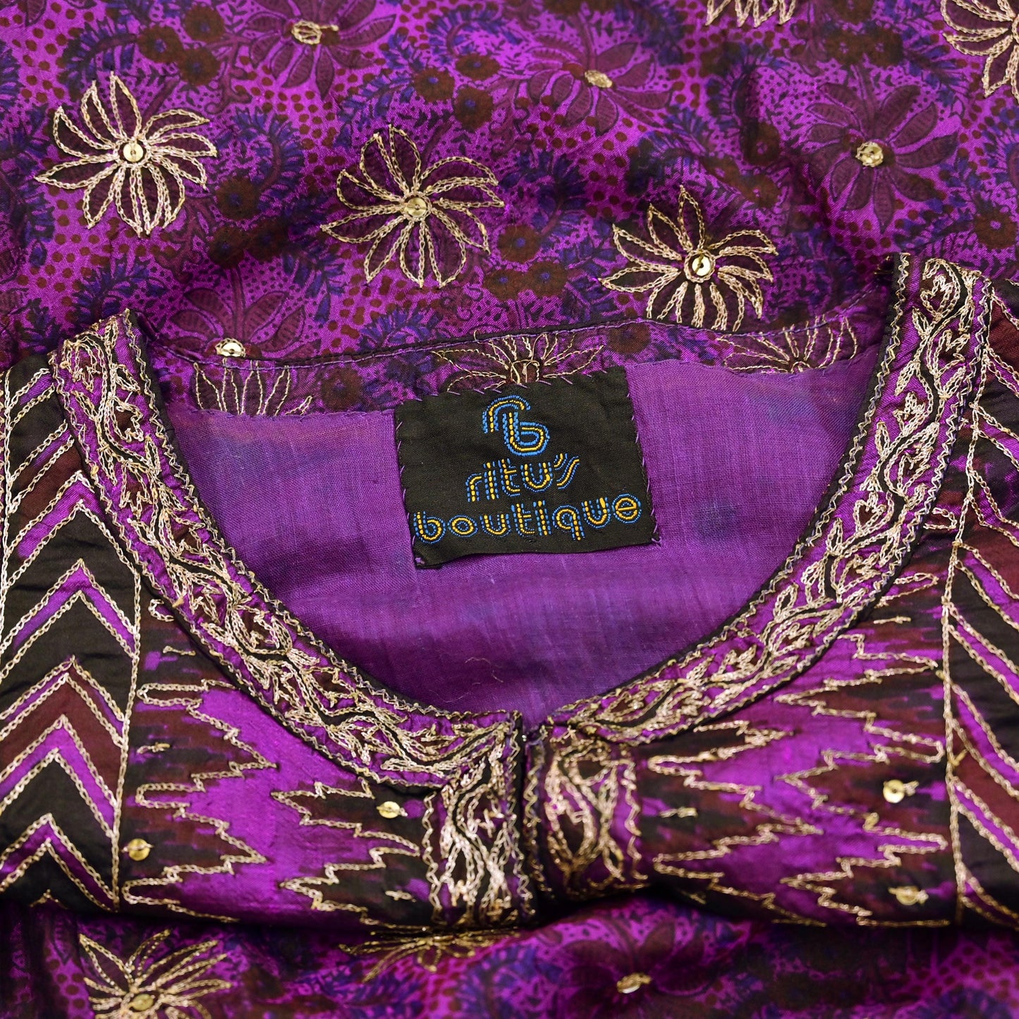 Indian Vintage Ritu Kumar Purple Pure Silk Long Kurta Hand Embroidered Designer Ethnic Festive Party Wear Tunic