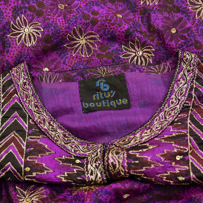 Indian Vintage Ritu Kumar Purple Pure Silk Long Kurta Hand Embroidered Designer Ethnic Festive Party Wear Tunic