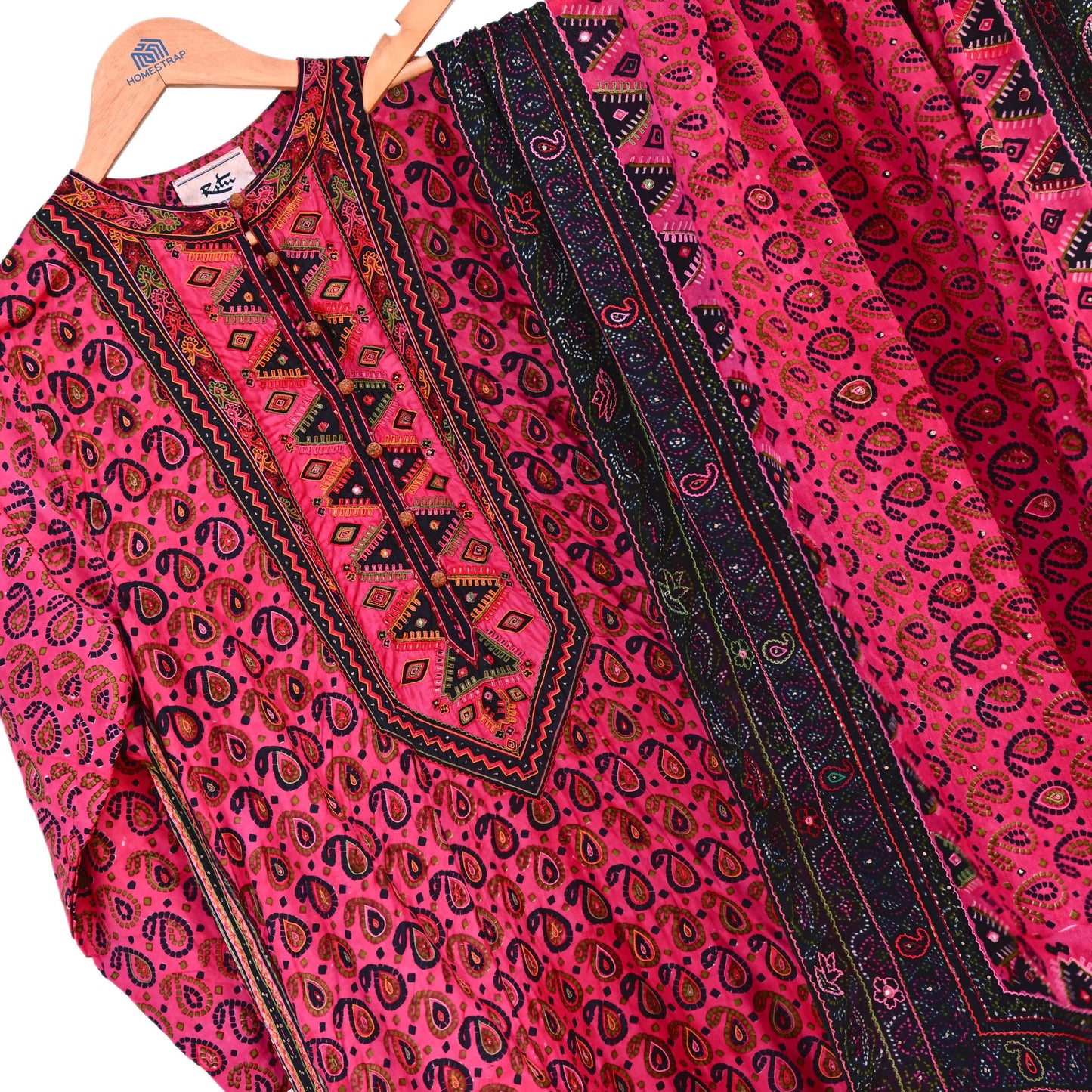 Indian Pre-Owned Pink & Black Pure Silk Hand Embroidered Printed Ritu Kumar Designer 2 Piece Suit Set (Kurta + Dupatta)