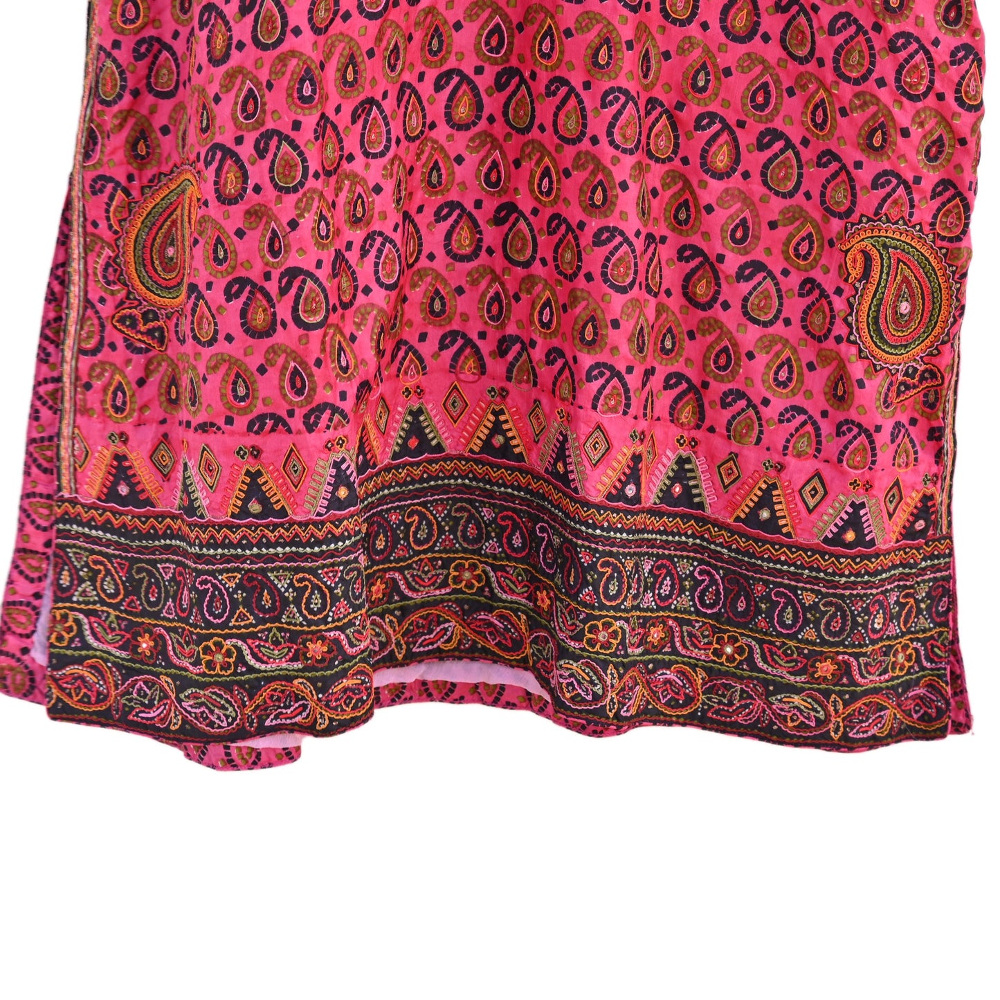 Indian Pre-Owned Pink & Black Pure Silk Hand Embroidered Printed Ritu Kumar Designer 2 Piece Suit Set (Kurta + Dupatta)