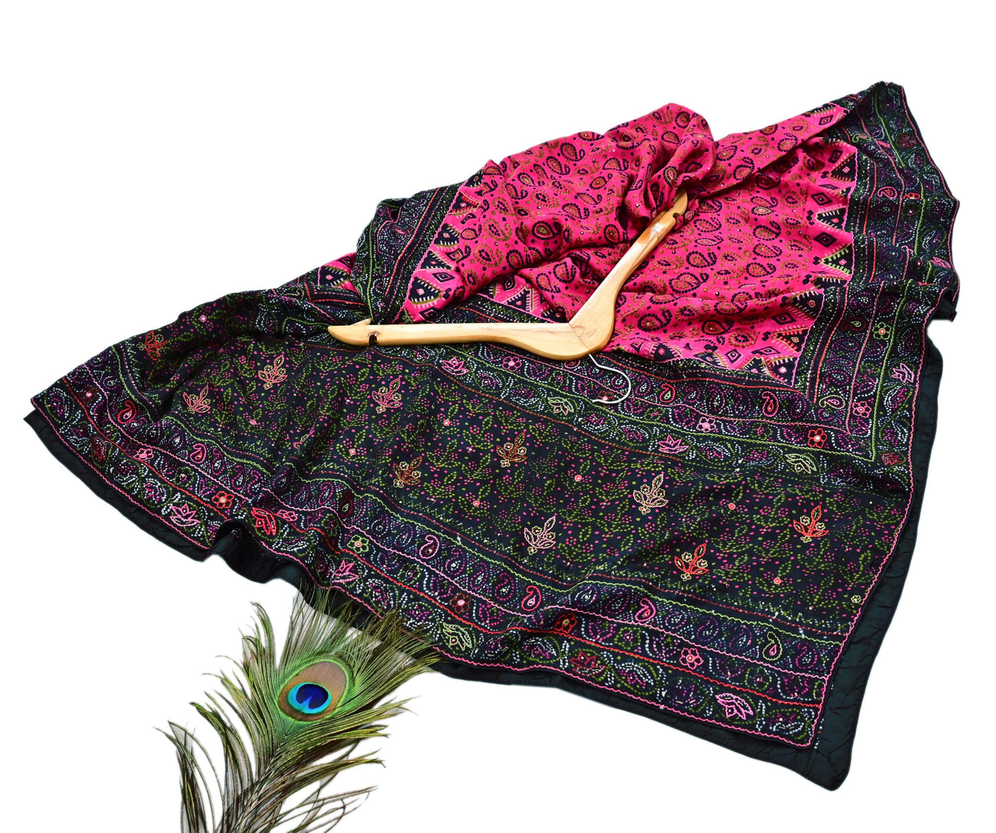 Indian Pre-Owned Pink & Black Pure Silk Hand Embroidered Printed Ritu Kumar Designer 2 Piece Suit Set (Kurta + Dupatta)