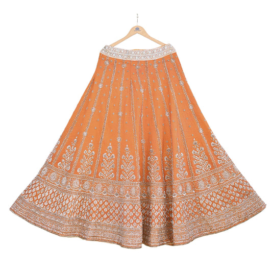 Party wear Heavy Orange Pure Raw Silk Hand Embroidered Lehenga Skirt by Designer Anamika Khanna Bridal Wear Indian Couture Fashion