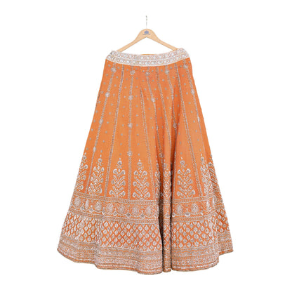 Party wear Heavy Orange Pure Raw Silk Hand Embroidered Lehenga Skirt by Designer Anamika Khanna Bridal Wear Indian Couture Fashion