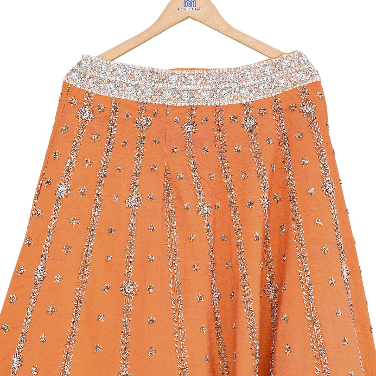 Party wear Heavy Orange Pure Raw Silk Hand Embroidered Lehenga Skirt by Designer Anamika Khanna Bridal Wear Indian Couture Fashion
