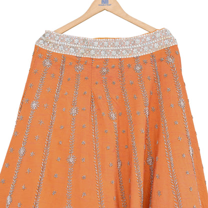 Party wear Heavy Orange Pure Raw Silk Hand Embroidered Lehenga Skirt by Designer Anamika Khanna Bridal Wear Indian Couture Fashion