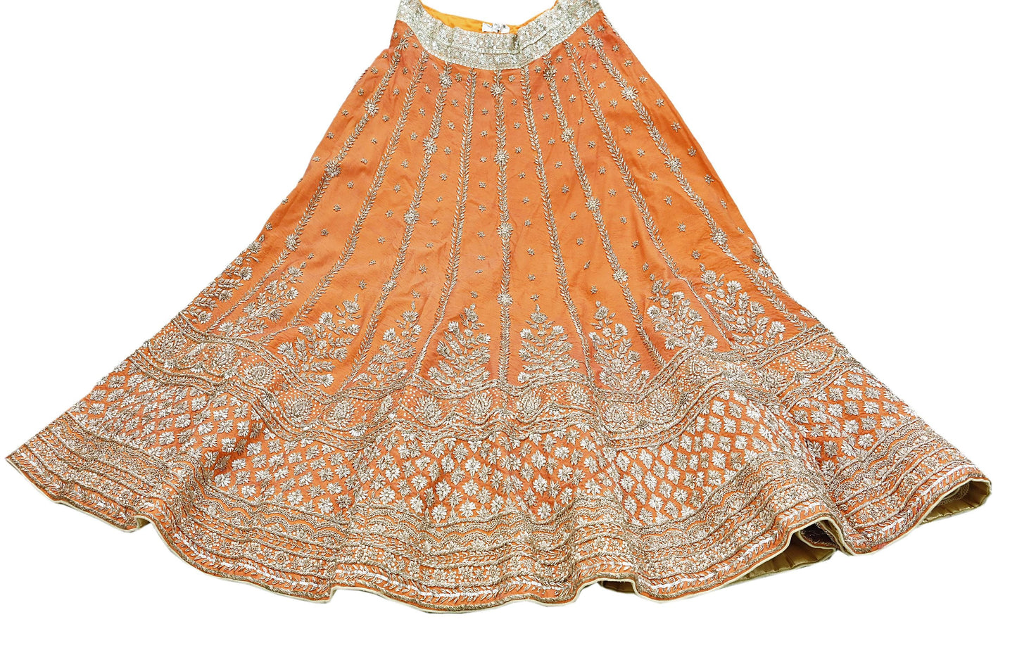 Party wear Heavy Orange Pure Raw Silk Hand Embroidered Lehenga Skirt by Designer Anamika Khanna Bridal Wear Indian Couture Fashion