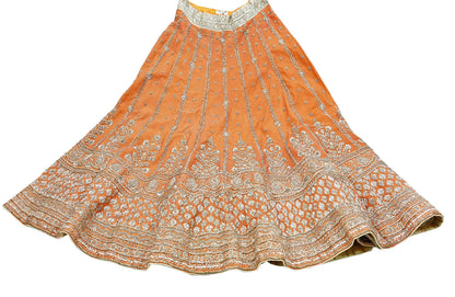 Party wear Heavy Orange Pure Raw Silk Hand Embroidered Lehenga Skirt by Designer Anamika Khanna Bridal Wear Indian Couture Fashion
