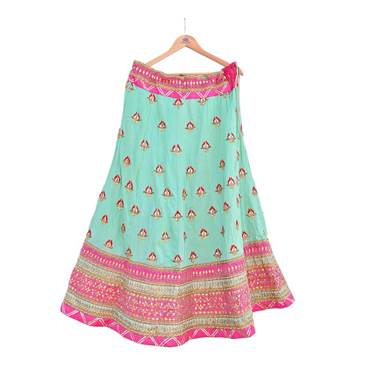 Designer Abu Jani Green & Pink Raw Silk Bridal Skirt, Gota patti Work Lehenga, Hand Embroidered Couture Indian Wedding Wear, Festive Outfit