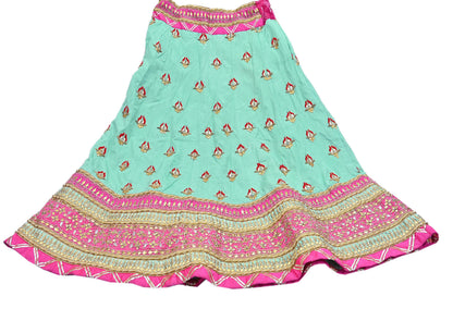 Designer Abu Jani Green & Pink Raw Silk Bridal Skirt, Gota patti Work Lehenga, Hand Embroidered Couture Indian Wedding Wear, Festive Outfit