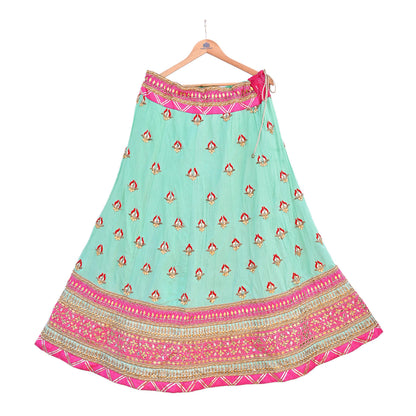 Designer Abu Jani Green & Pink Raw Silk Bridal Skirt, Gota patti Work Lehenga, Hand Embroidered Couture Indian Wedding Wear, Festive Outfit