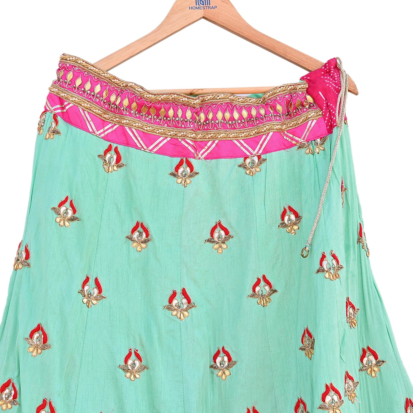 Designer Abu Jani Green & Pink Raw Silk Bridal Skirt, Gota patti Work Lehenga, Hand Embroidered Couture Indian Wedding Wear, Festive Outfit