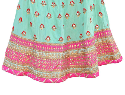 Designer Abu Jani Green & Pink Raw Silk Bridal Skirt, Gota patti Work Lehenga, Hand Embroidered Couture Indian Wedding Wear, Festive Outfit