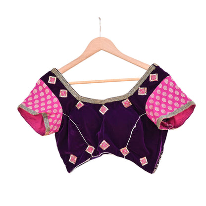 Indian Pre-owned Heavy Purple Velvet Hand Embroidered By Designer Anamika Khanna Padded Blouse/Top/Crop M Size Party wear Bollywood