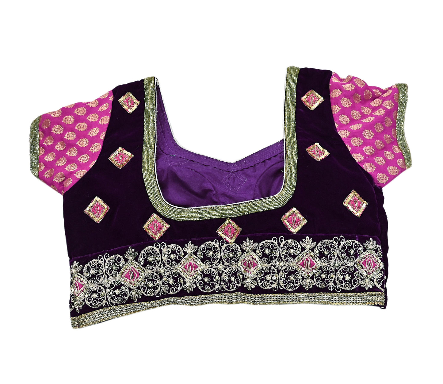 Indian Pre-owned Heavy Purple Velvet Hand Embroidered By Designer Anamika Khanna Padded Blouse/Top/Crop M Size Party wear Bollywood