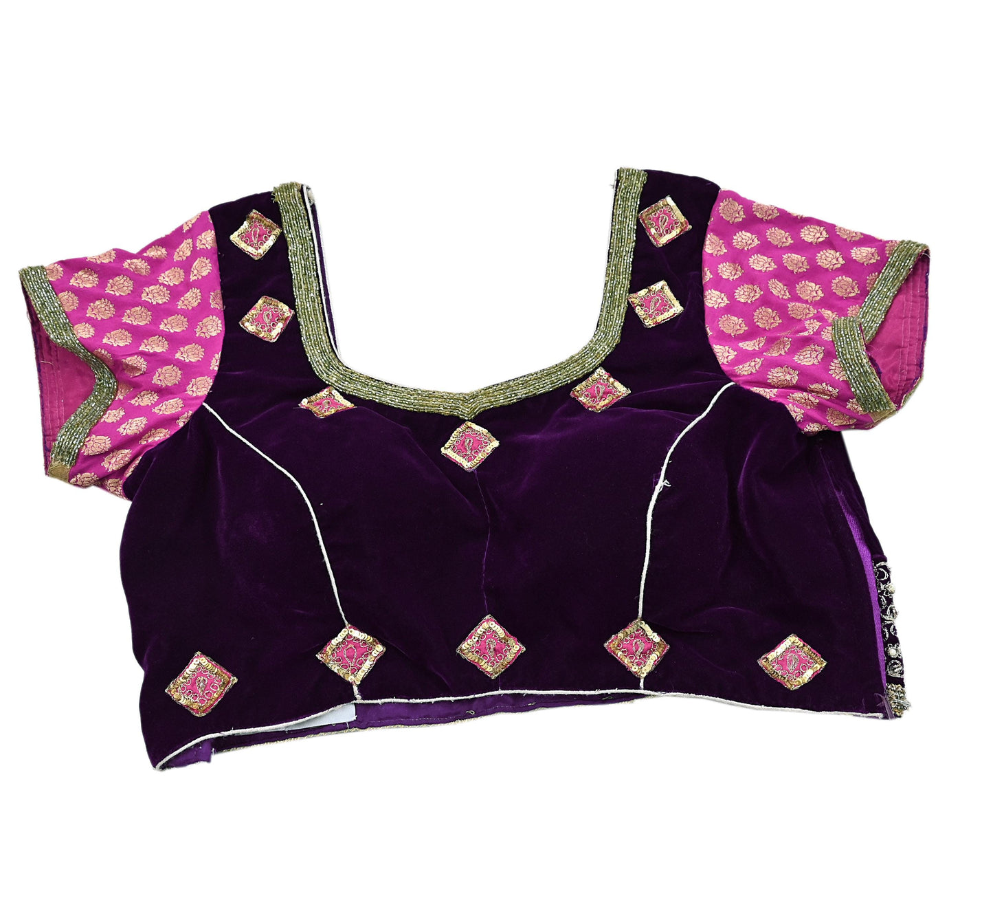 Indian Pre-owned Heavy Purple Velvet Hand Embroidered By Designer Anamika Khanna Padded Blouse/Top/Crop M Size Party wear Bollywood
