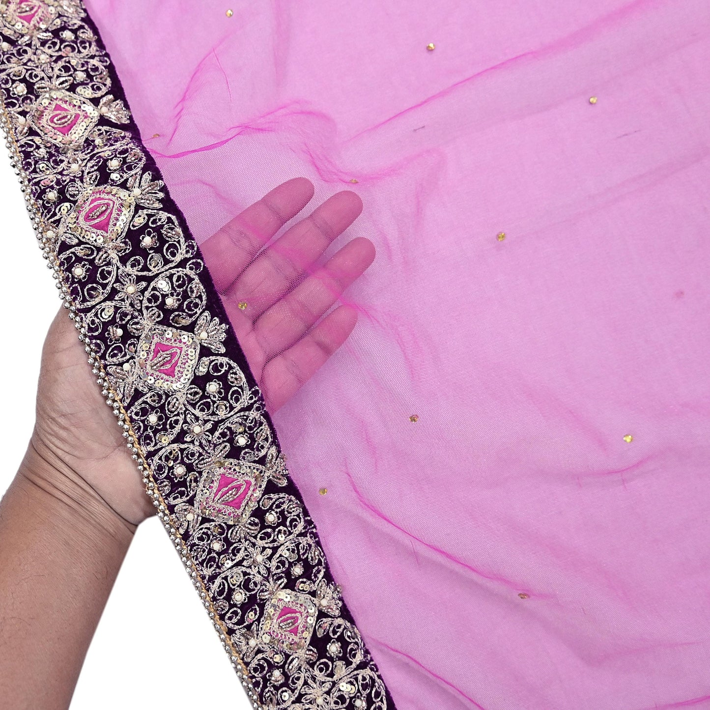 Indian Vintage Heavy Wedding Pink Net/Mesh Hand Embroidered Dupatta Designer By Anamika Khanna Bridal Wear Dabka Zardozi Veil Hijab