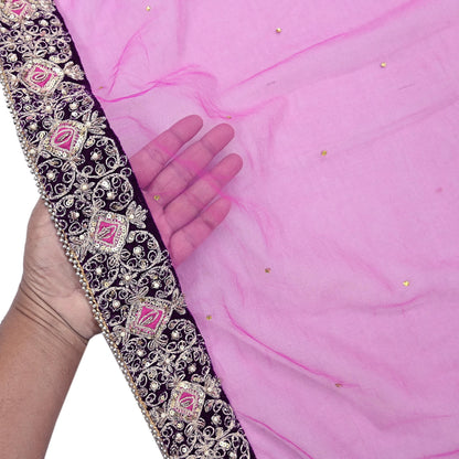 Indian Vintage Heavy Wedding Pink Net/Mesh Hand Embroidered Dupatta Designer By Anamika Khanna Bridal Wear Dabka Zardozi Veil Hijab