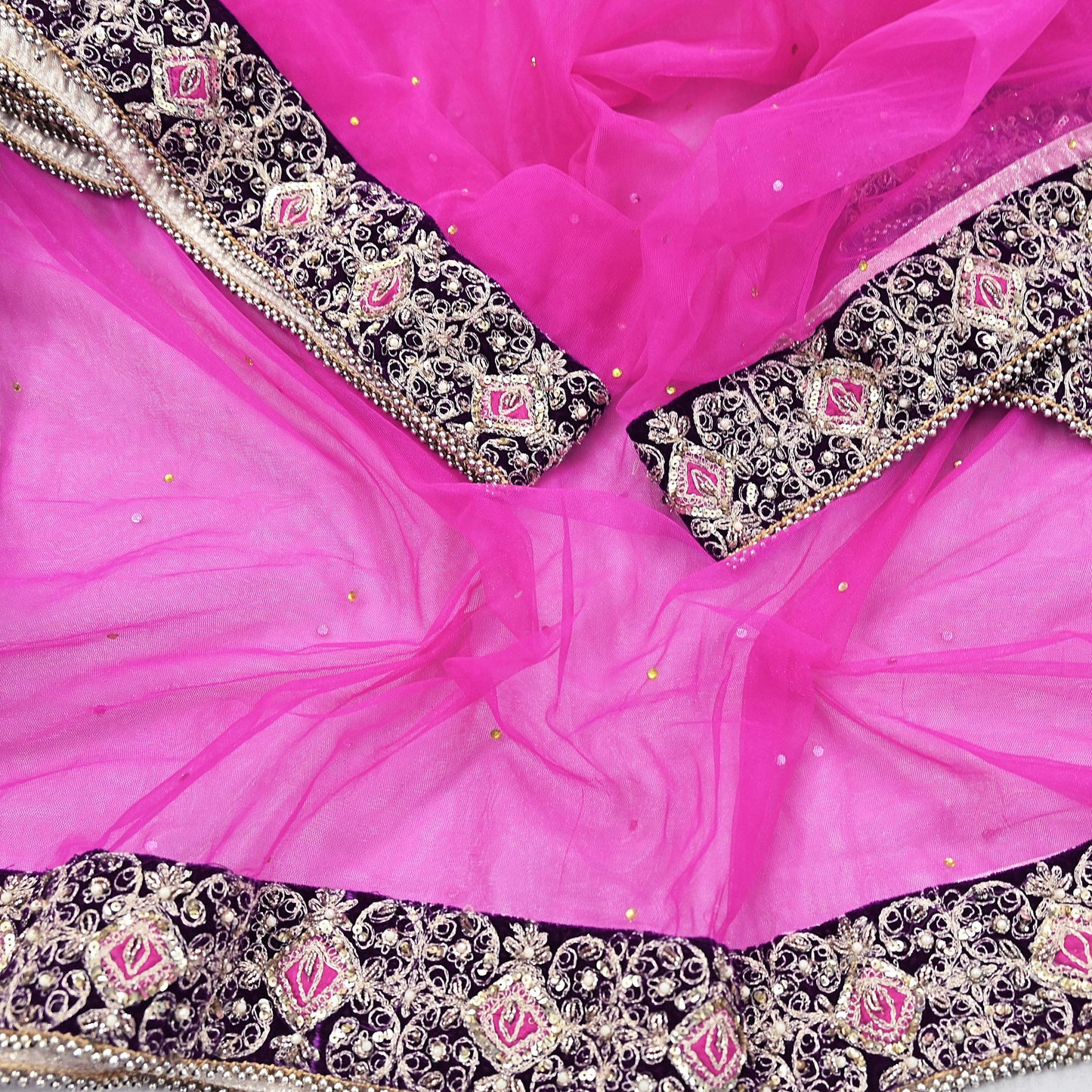 Indian Vintage Heavy Wedding Pink Net/Mesh Hand Embroidered Dupatta Designer By Anamika Khanna Bridal Wear Dabka Zardozi Veil Hijab