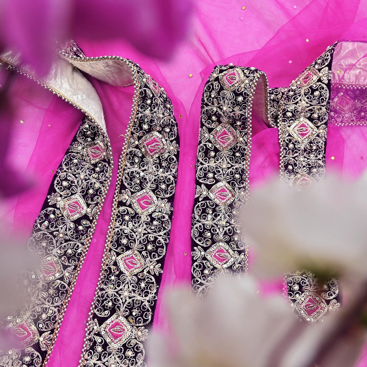 Indian Vintage Heavy Wedding Pink Net/Mesh Hand Embroidered Dupatta Designer By Anamika Khanna Bridal Wear Dabka Zardozi Veil Hijab