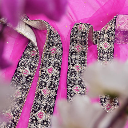 Indian Vintage Heavy Wedding Pink Net/Mesh Hand Embroidered Dupatta Designer By Anamika Khanna Bridal Wear Dabka Zardozi Veil Hijab
