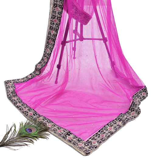 Indian Vintage Heavy Wedding Pink Net/Mesh Hand Embroidered Dupatta Designer By Anamika Khanna Bridal Wear Dabka Zardozi Veil Hijab