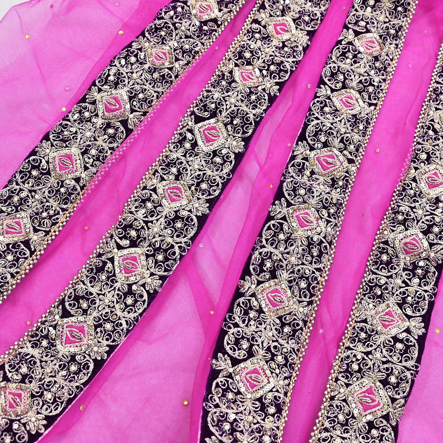 Indian Vintage Heavy Wedding Pink Net/Mesh Hand Embroidered Dupatta Designer By Anamika Khanna Bridal Wear Dabka Zardozi Veil Hijab