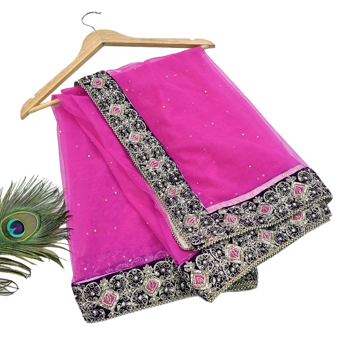 Indian Vintage Heavy Wedding Pink Net/Mesh Hand Embroidered Dupatta Designer By Anamika Khanna Bridal Wear Dabka Zardozi Veil Hijab