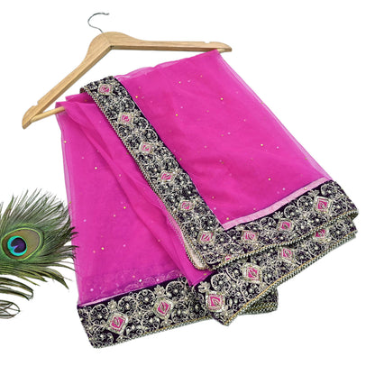 Indian Vintage Heavy Wedding Pink Net/Mesh Hand Embroidered Dupatta Designer By Anamika Khanna Bridal Wear Dabka Zardozi Veil Hijab