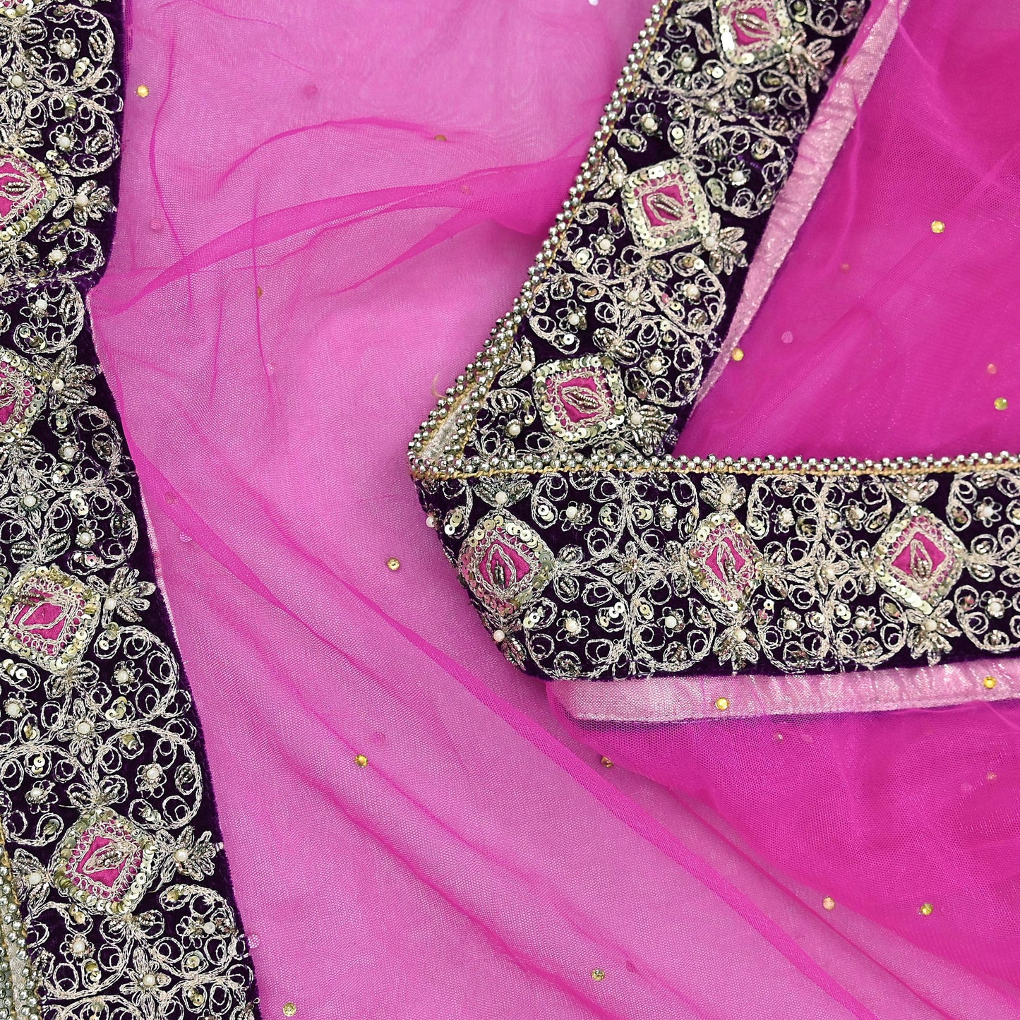 Indian Vintage Heavy Wedding Pink Net/Mesh Hand Embroidered Dupatta Designer By Anamika Khanna Bridal Wear Dabka Zardozi Veil Hijab